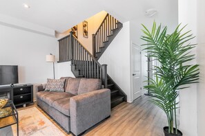 TV, fireplace, video library