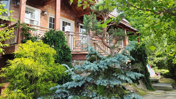 A wooden house with a porch, surrounded by various plants and trees. - Mountain, Lake & Babbling Brook Retreat (Newbury)