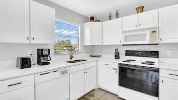 Microwave, stovetop, dishwasher, coffee/tea maker