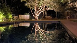 Ein beleuchteter Poolbereich bei Nacht, mit einem Baum, der von Lichtern erhellt wird, umgeben von einem Zaun und Stühlen.