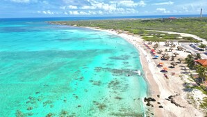 A beach with clear turquoise waters, a sandy shore, and a few umbrellas. - Bocobay Wariruri Condos (Noord)