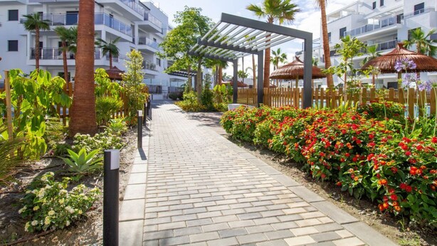A pathway lined with vibrant flower beds and a pergola structure.