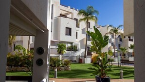 A courtyard with a pathway, potted plants, and a palm tree. - Apartment Oasis of Salobreña Gym and Balcony (Granada)