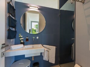 Shower, hair dryer, bidet, towels