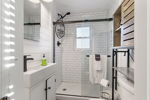 Hair dryer, towels, soap, shampoo