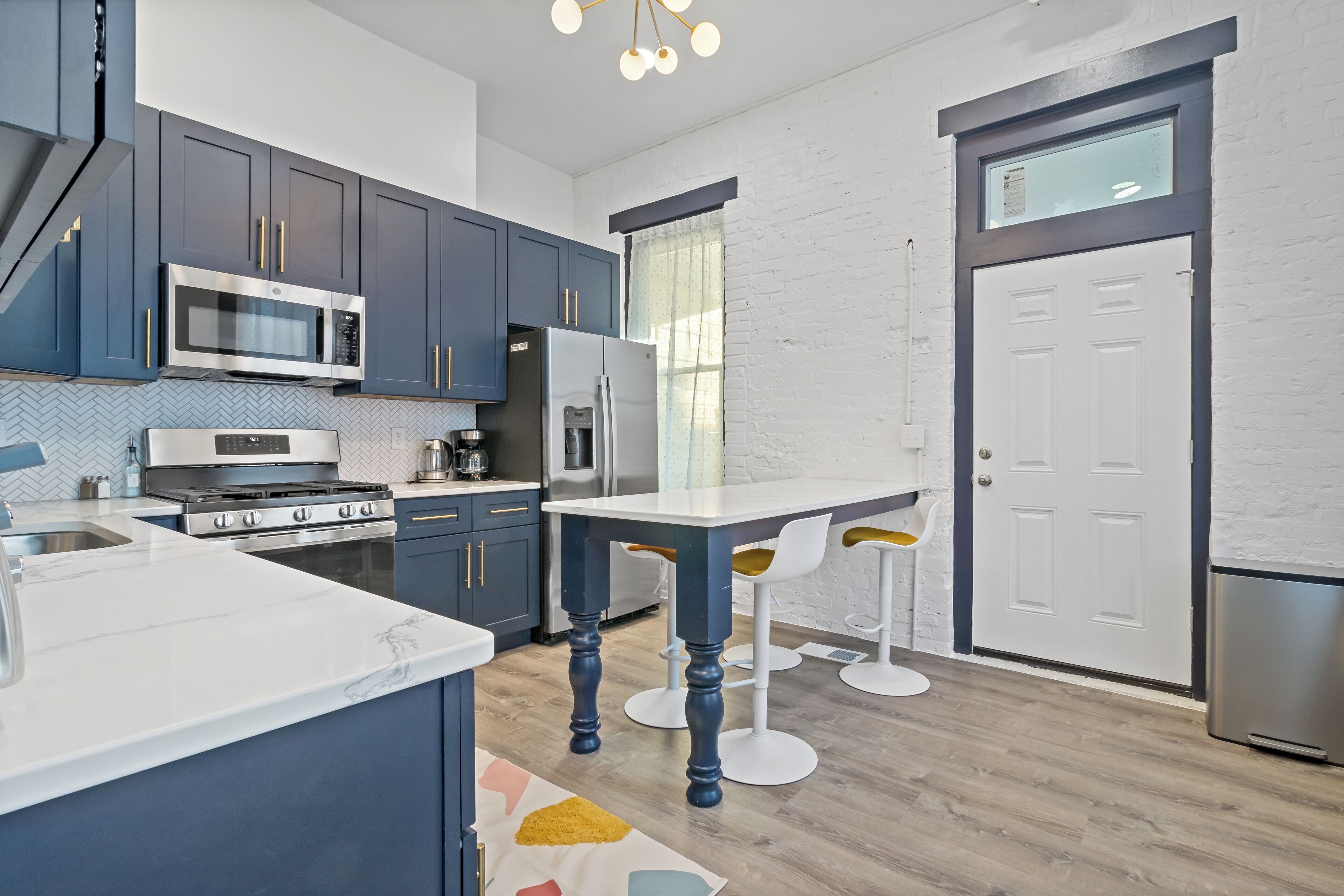 Fridge, microwave, dishwasher, dining tables