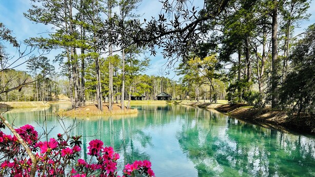 A tranquil lake surrounded by trees and a small building. - Egret Cottage Suite    3715-B (WALTERBORO)