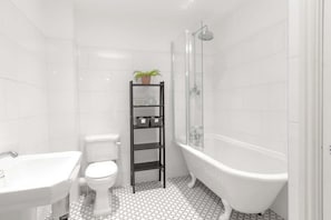 Hair dryer, towels, soap, shampoo