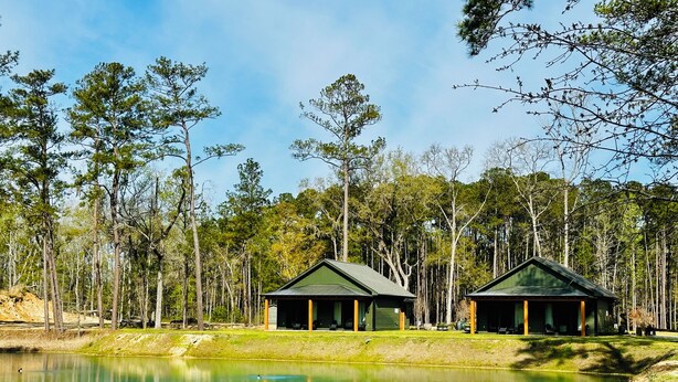 Una cabaña junto al lago, con techo verde, rodeada de árboles altos y un lago tranquilo.