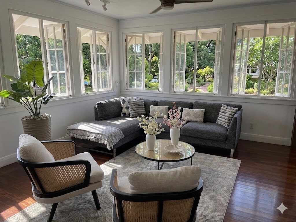 A room with a dark grey sofa, two white chairs, a glass coffee table, and a large potted plant.