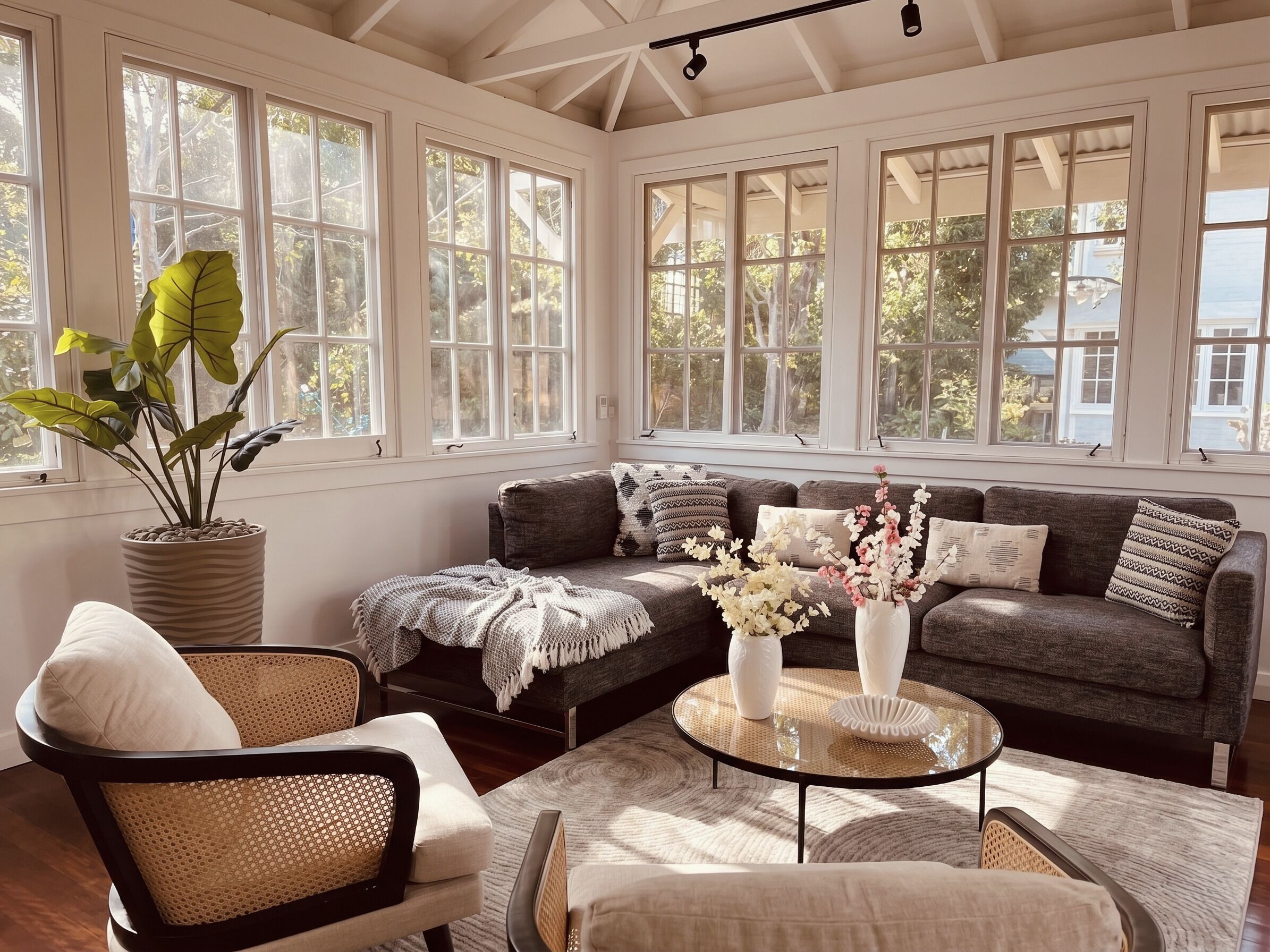 A sunlit room with a sofa, chairs, a coffee table, and large windows.