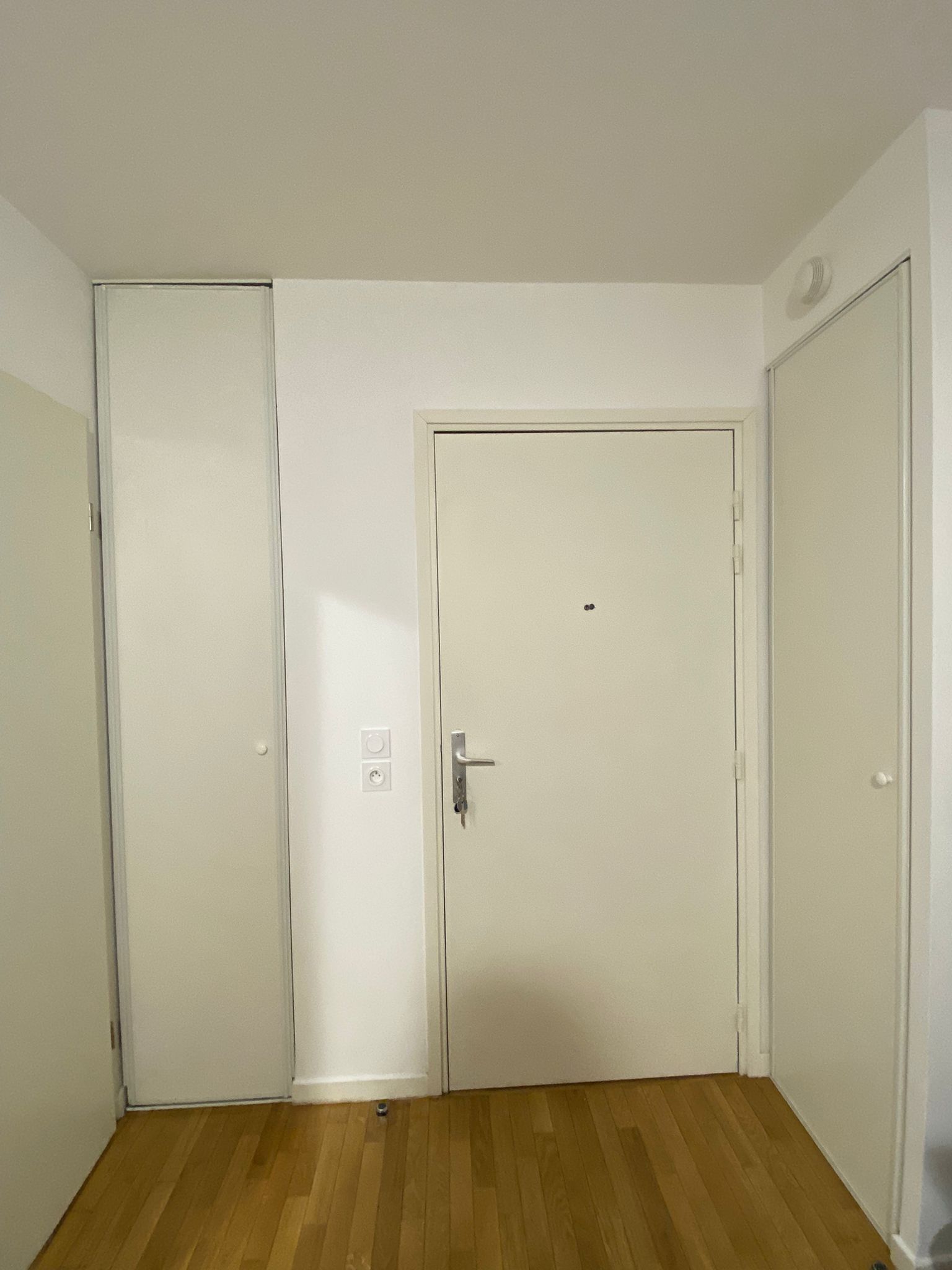Una habitación con dos puertas blancas, suelo de madera y un interruptor de luz en la pared.