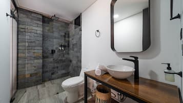 Deluxe-Apartment | Badezimmer | Dusche, Handtücher, Seife, Shampoo