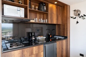 Classic Apartment | Private kitchen | Fridge, microwave, blender, cookware/dishes/utensils