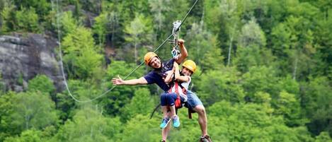 Two people ziplining through a forested area.