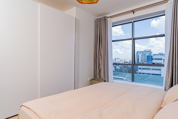 1 bedroom, desk, iron/ironing board, travel cot