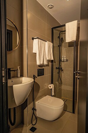 Shower, hair dryer, towels, soap