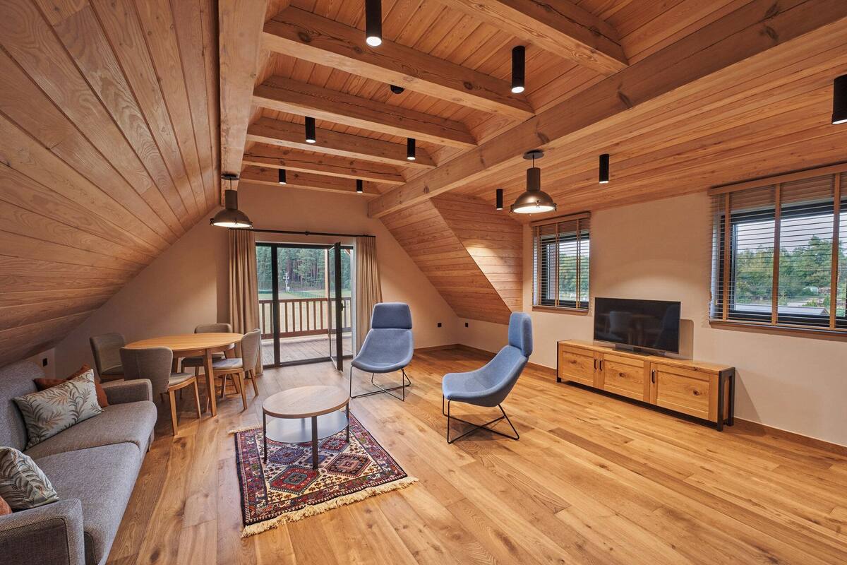 A spacious loft bedroom with a sloped ceiling, wooden beams, a large window, a TV, a sofa, a dining table, and a rug.
