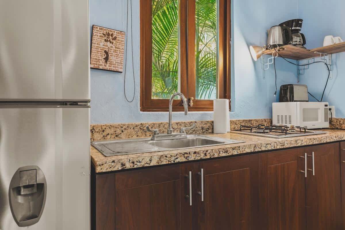 Una cocina con un refrigerador de acero inoxidable, encimera de granito, un lavamanos, una ventana con vistas a follaje verde y un microondas.