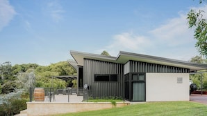 Een modern huis met een plat dak, een overdekt terras en een verzorgd gazon.