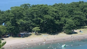 Une plage avec des bateaux, un rivage sablonneux et, au loin, une forêt dense.