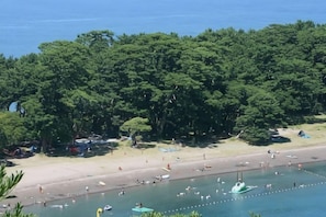 Une plage avec des bateaux, un rivage sablonneux et, au loin, une forêt dense.