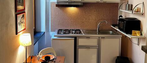 Fridge, stovetop, coffee/tea maker, electric kettle