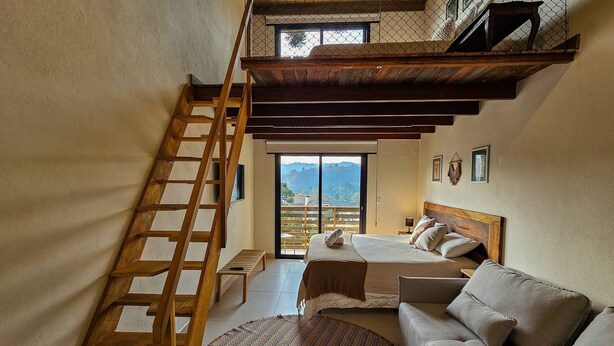 A bedroom with a lofted sleeping area, a wooden ladder, a sofa, and a view of the outdoors.