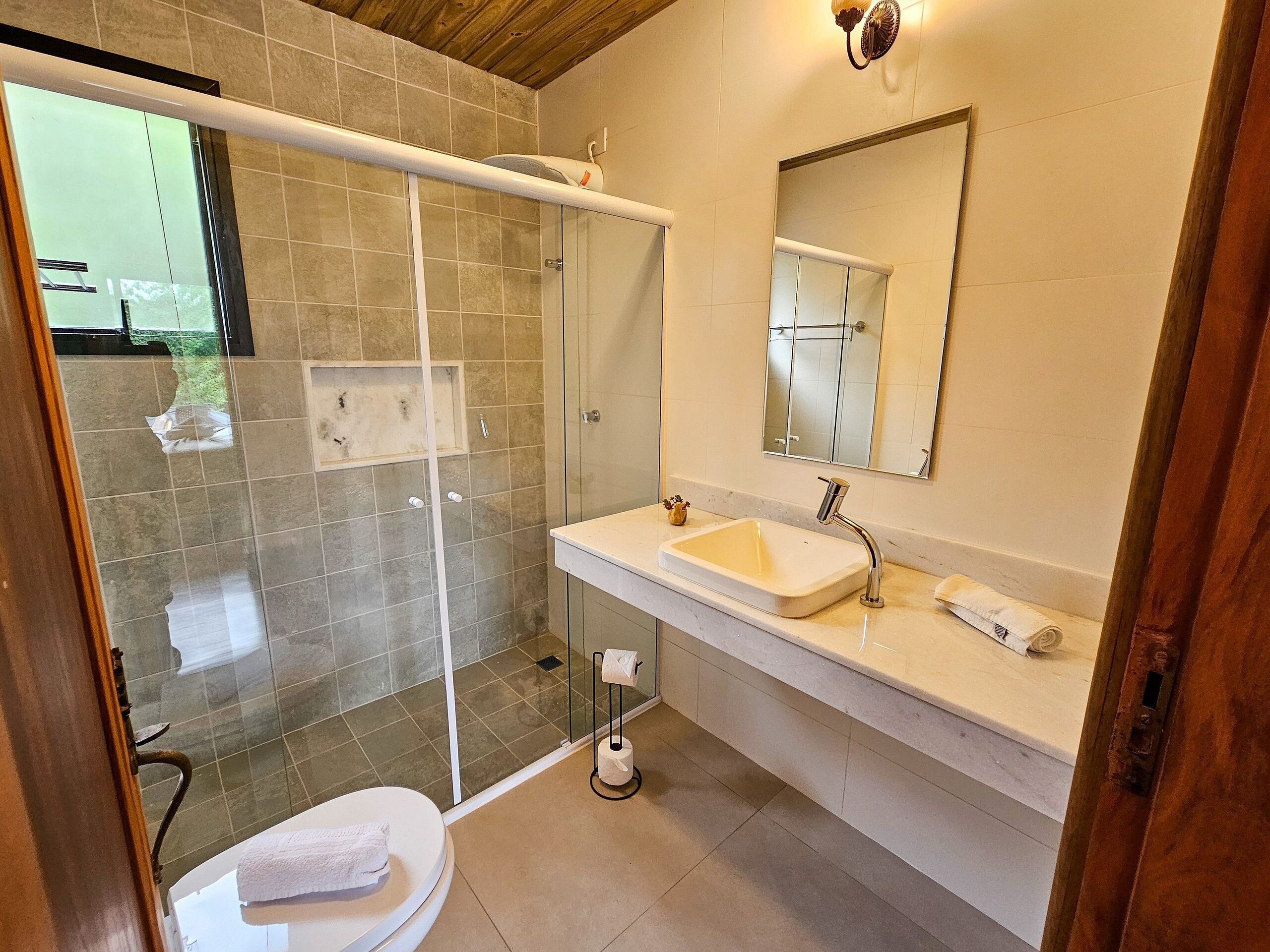 Une salle de bain avec une douche à parois de verre, un lavabo avec un miroir au-dessus et des toilettes.
