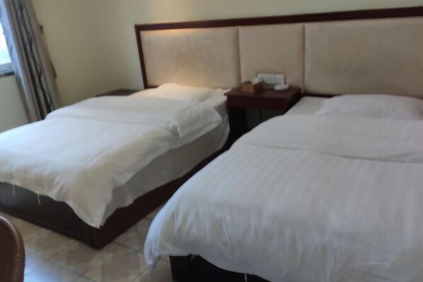 Une chambre d’hôtel avec deux lits simples, une table de chevet avec un téléphone et une fenêtre avec des rideaux.