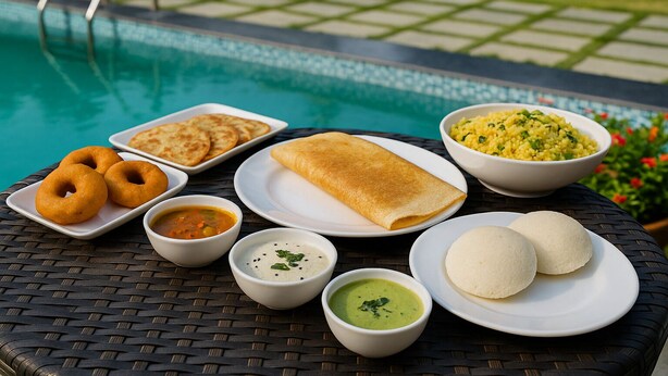 A table with a variety of Indian dishes including a rolled crepe, two types of bread, a bowl of rice, and several small bowls of soup and chutney. - Hotel Heaven Stay (Shankarpalle)