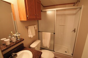 Shower, towels, soap, shampoo
