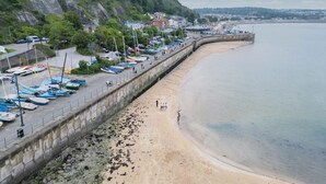 Una zona costera con un paseo marítimo de hormigón bordeado de barcos, una playa de arena y casas a lo largo de la ladera.