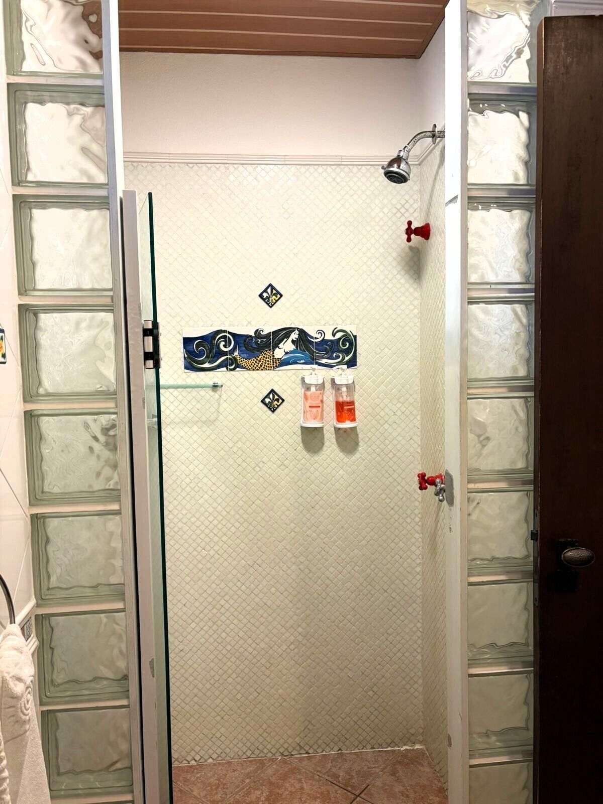 A shower area with frosted glass doors, a tiled wall with a decorative design, and two soap dispensers.
