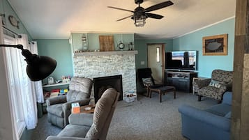 TV, fireplace, DVD player, books