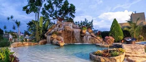 Outdoor pool, pool umbrellas, sun loungers