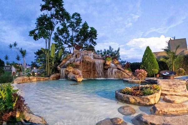 Outdoor pool, pool umbrellas, pool loungers