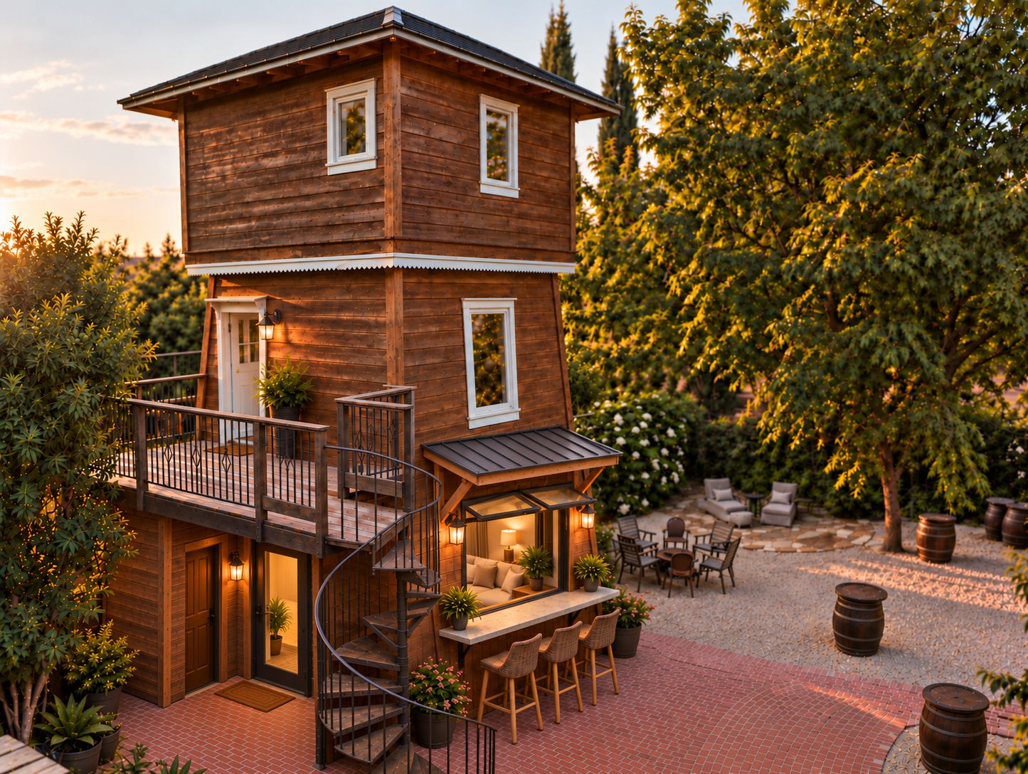 A two-story wooden house with a balcony, outdoor seating area, and a spiral staircase.