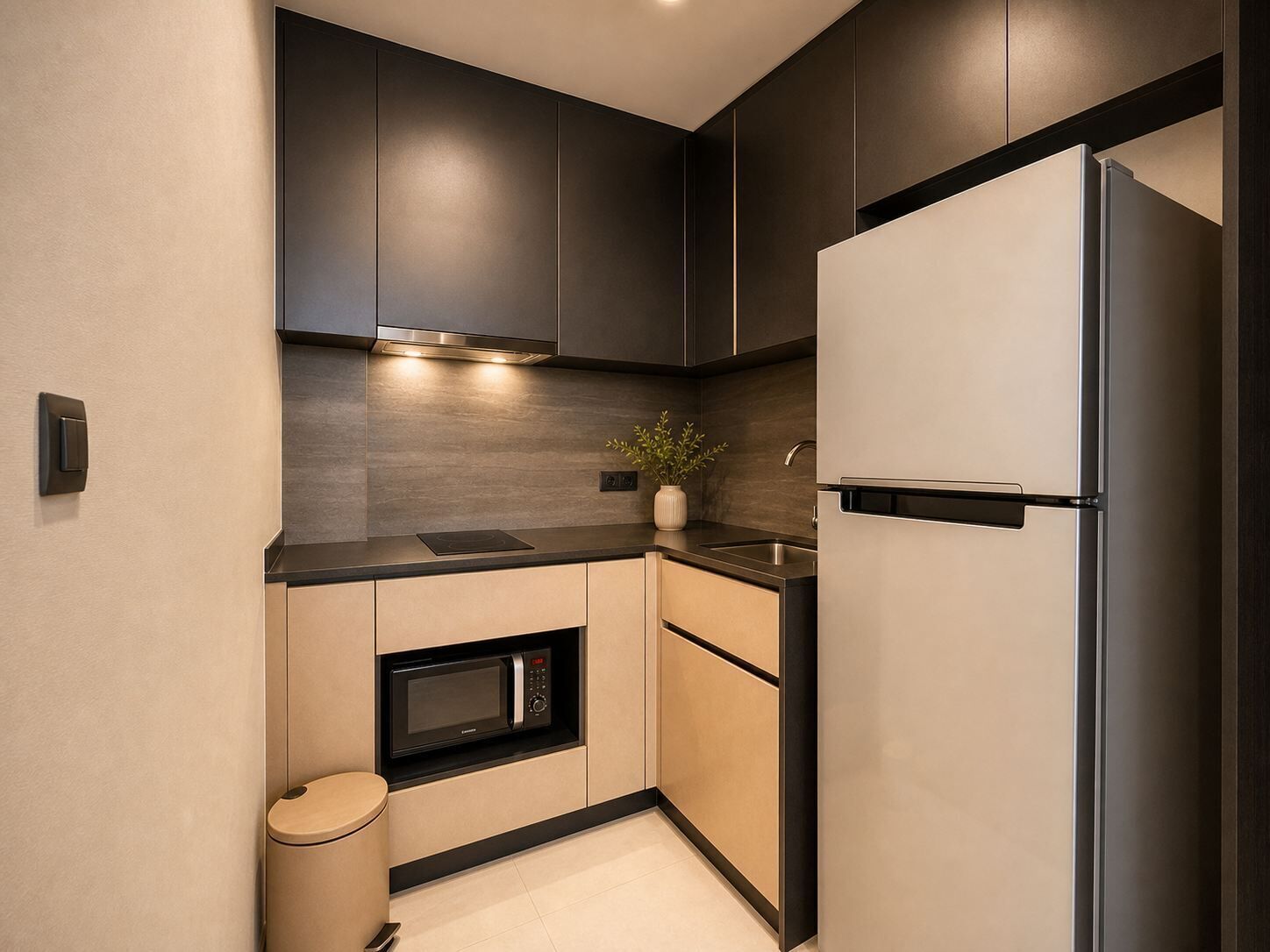 A modern kitchen with dark cabinetry, a built-in microwave, a stainless steel refrigerator, and a small trash bin.