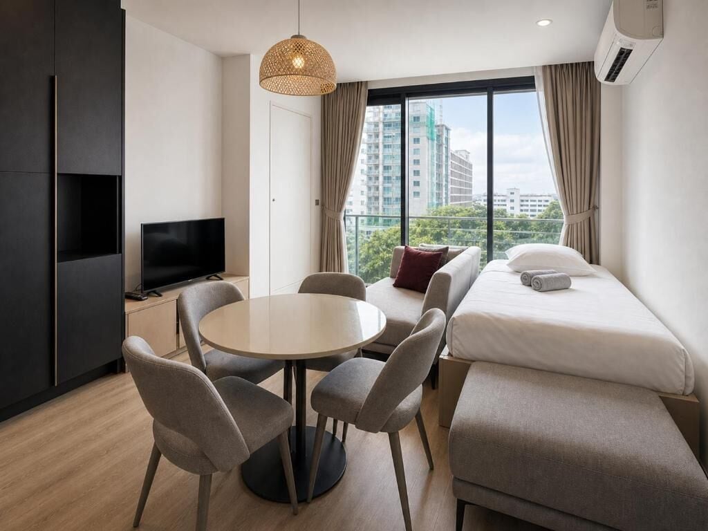 A modern hotel room with a bed, a TV, a dining table with chairs, and a large window with a view of buildings.