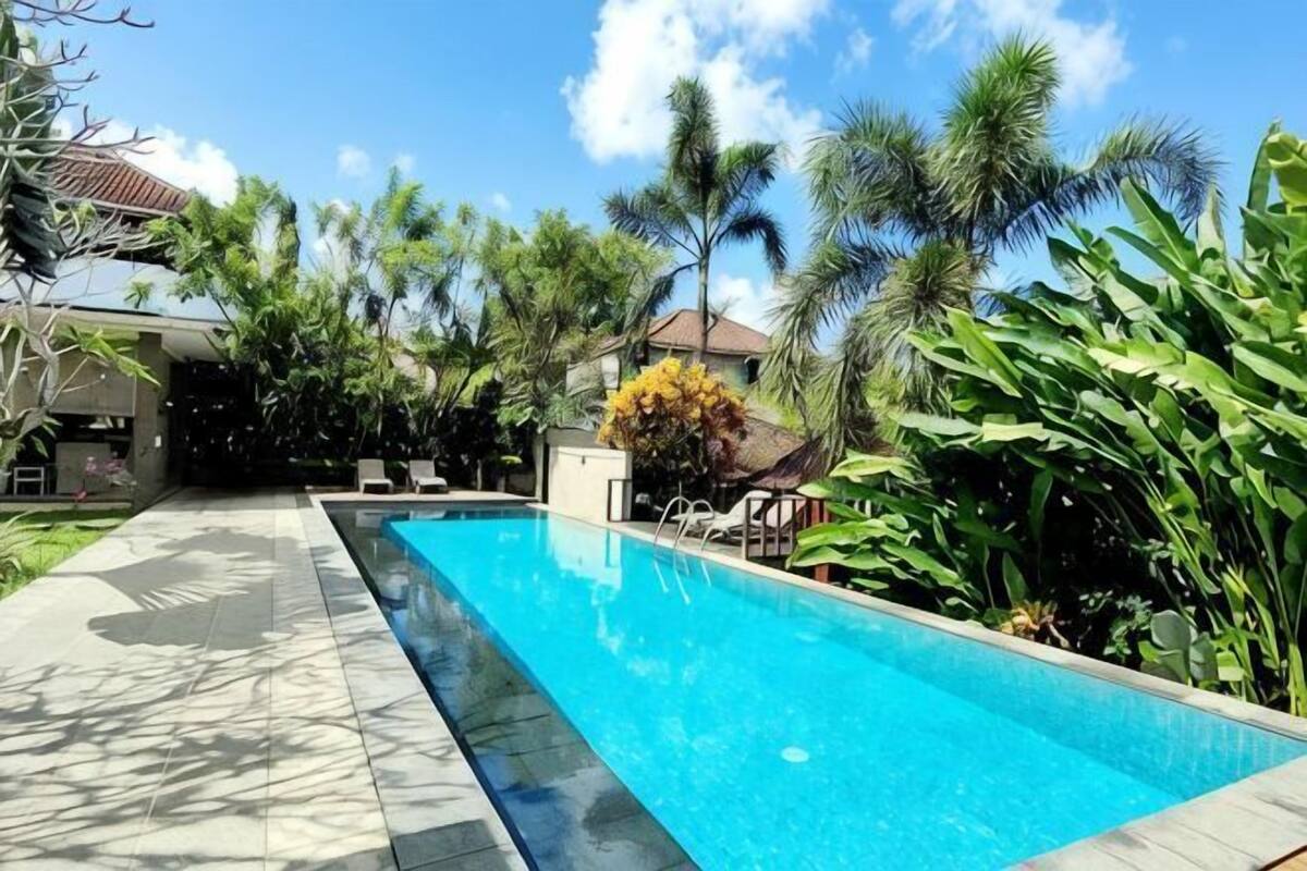 A swimming pool with a tiled deck, surrounded by tropical plants and a clear blue sky.