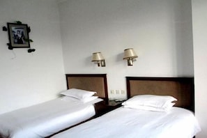 Hotelkamer met twee eenpersoonsbedden, een nachtkastje, een inlijsting foto aan de muur en twee wandlampen.