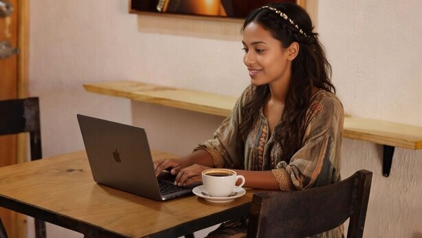Una persona sentada a una mesa de madera con una computadora portátil y una taza de café.