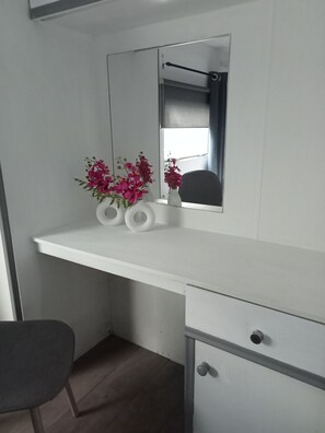 Shower, hair dryer, soap, toilet paper