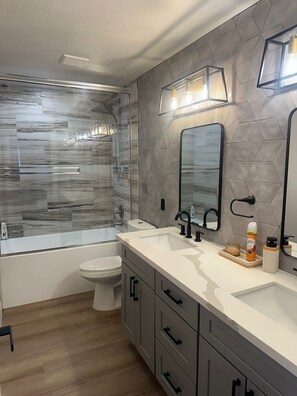 Hair dryer, towels, soap, toilet paper