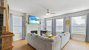 Smart TV, fireplace, books