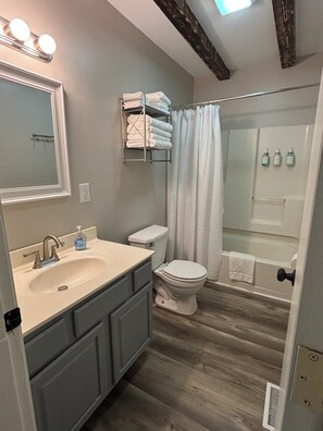 Hair dryer, towels, soap, shampoo