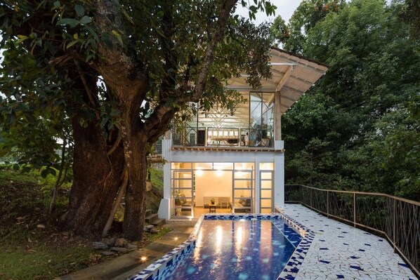 A modern house with a glass facade, a pool, and a large tree in the foreground.