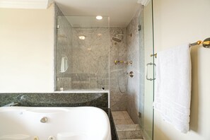 Shower, jetted tub, hair dryer, towels
