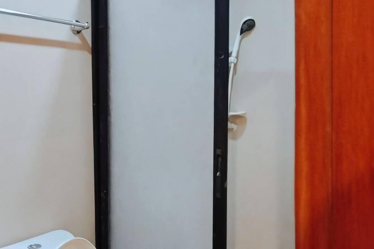 A bathroom with a white wall, a black door frame, and a wooden door.